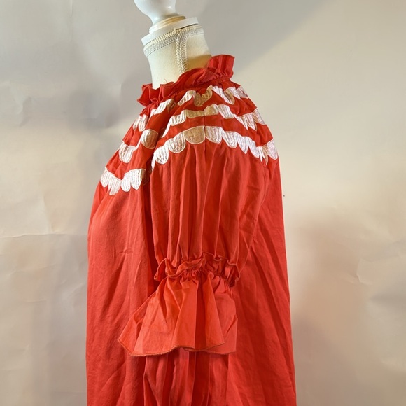 Cynthia Rowley | Coral Mock Neck Long Sleeve Ruffle Embroidered Dress | Small - Picture 8 of 14